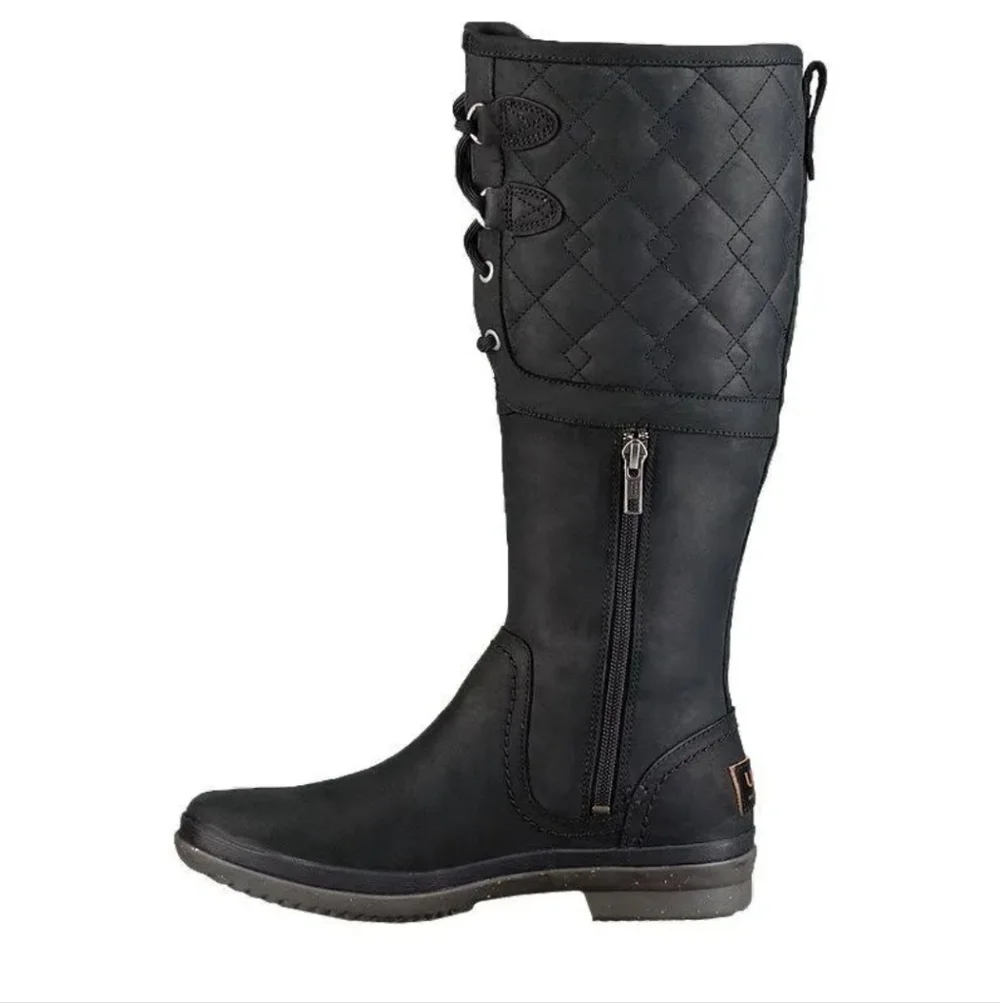 Ugg Womens Black Leather Elsa Deco Quilt Knee High Waterproof Winter Boot 8